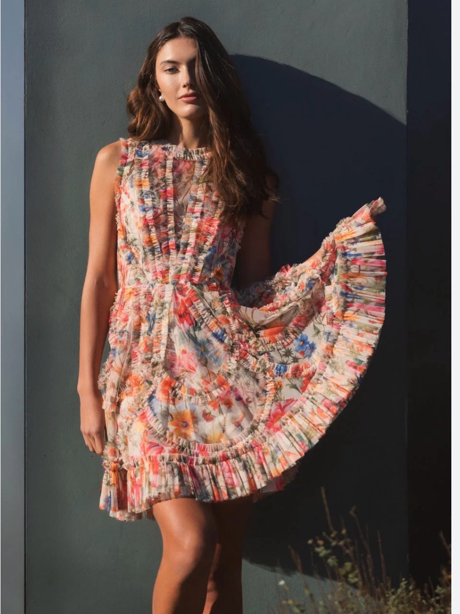Mac Duggal Floral Pleated Mini Dress In Coral And Blue